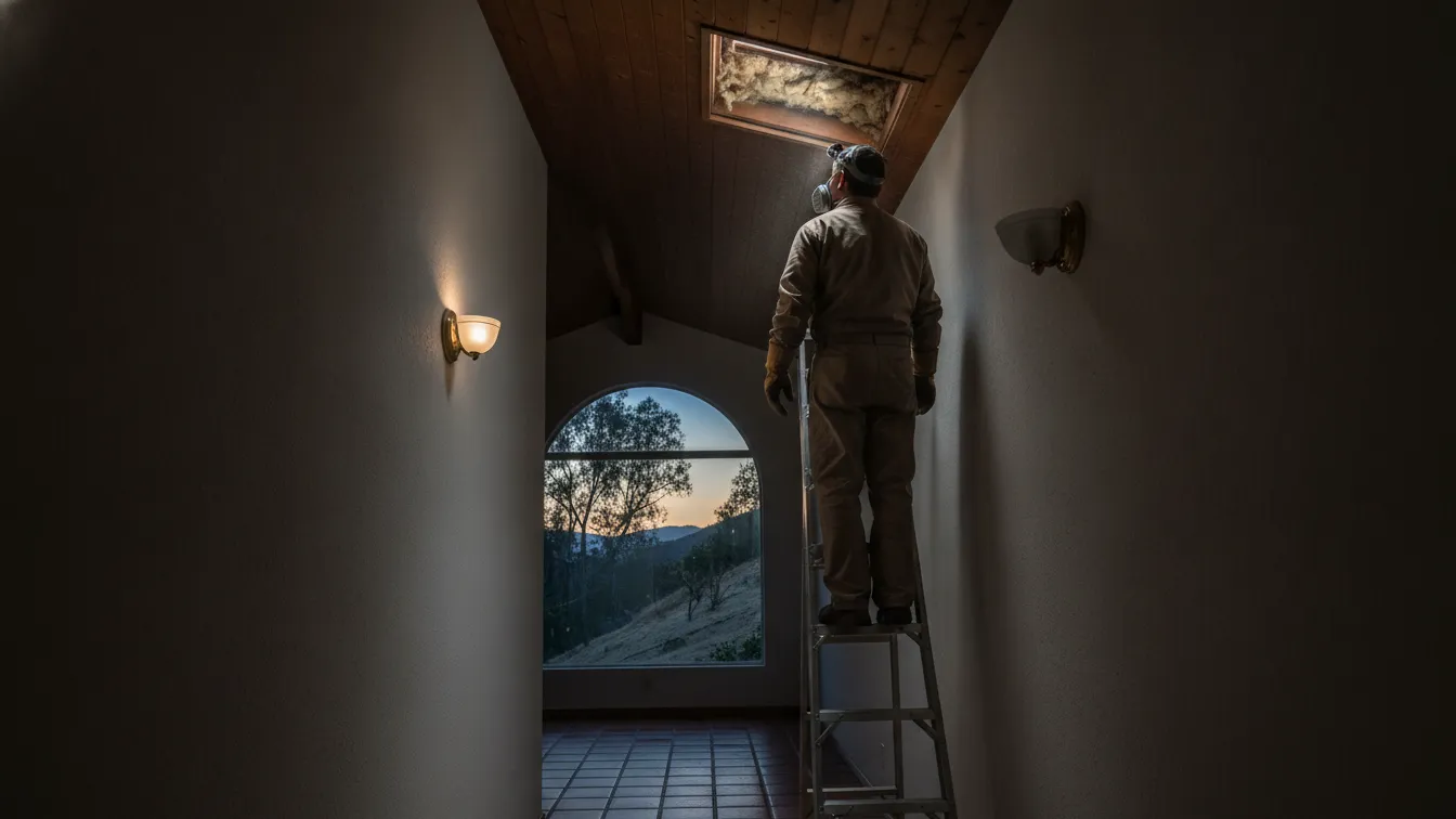 A worker at an attic hatch in a hallway with a flashlight